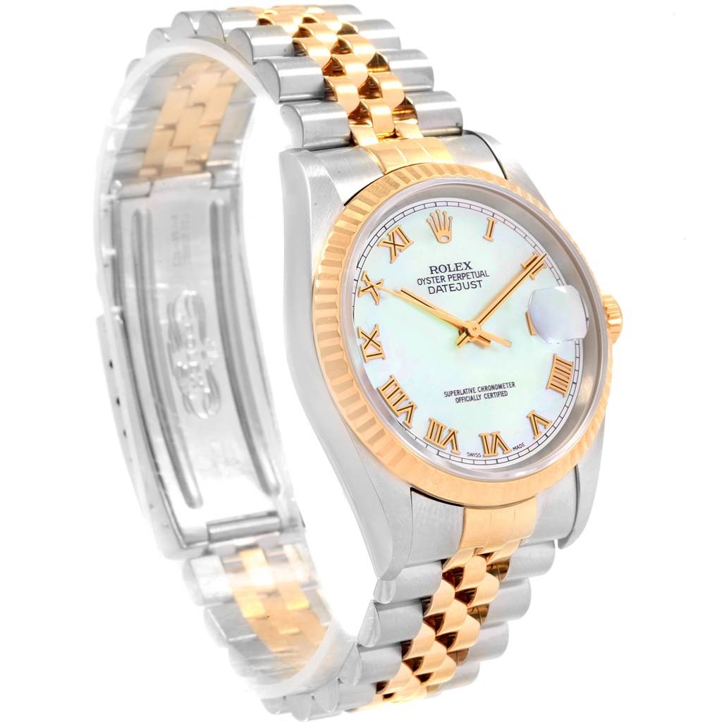 The image shows a side angle of a Rolex Datejust 16233 Men's Steel and Gold (two tone) Mother of Pearl Dial 16233 Men's Steel and Gold (two tone) Mother of Pearl Dial watch, highlighting its face, bezel, and two-tone bracelet.