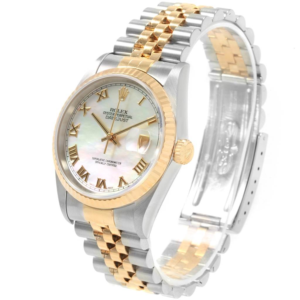 This image shows a Rolex Datejust 16233 Men's Steel and Gold (two tone) Mother of Pearl Dial 16233 Men's Steel and Gold (two tone) Mother of Pearl Dial watch at a three-quarter angle, highlighting its dial, bezel, crown, and jubilee bracelet.