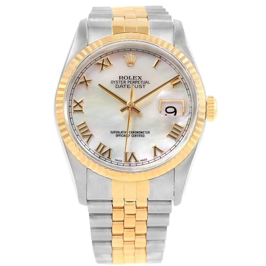 The image shows a frontal view of a Rolex Datejust 16233 Men's Steel and Gold (two tone) Mother of Pearl Dial 16233 Men's Steel and Gold (two tone) Mother of Pearl Dial watch, highlighting its dial, hands, date window, and two-tone bracelet.