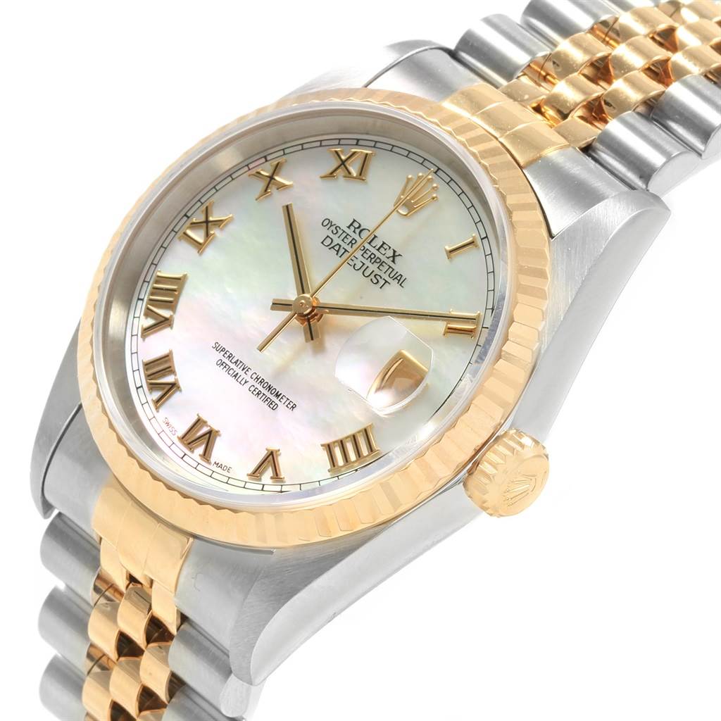 The image shows a Rolex Datejust 16233 Men's Steel and Gold (two tone) Mother of Pearl Dial 16233 Men's Steel and Gold (two tone) Mother of Pearl Dial watch at a slight angle, highlighting the face, bezel, crown, and bracelet.