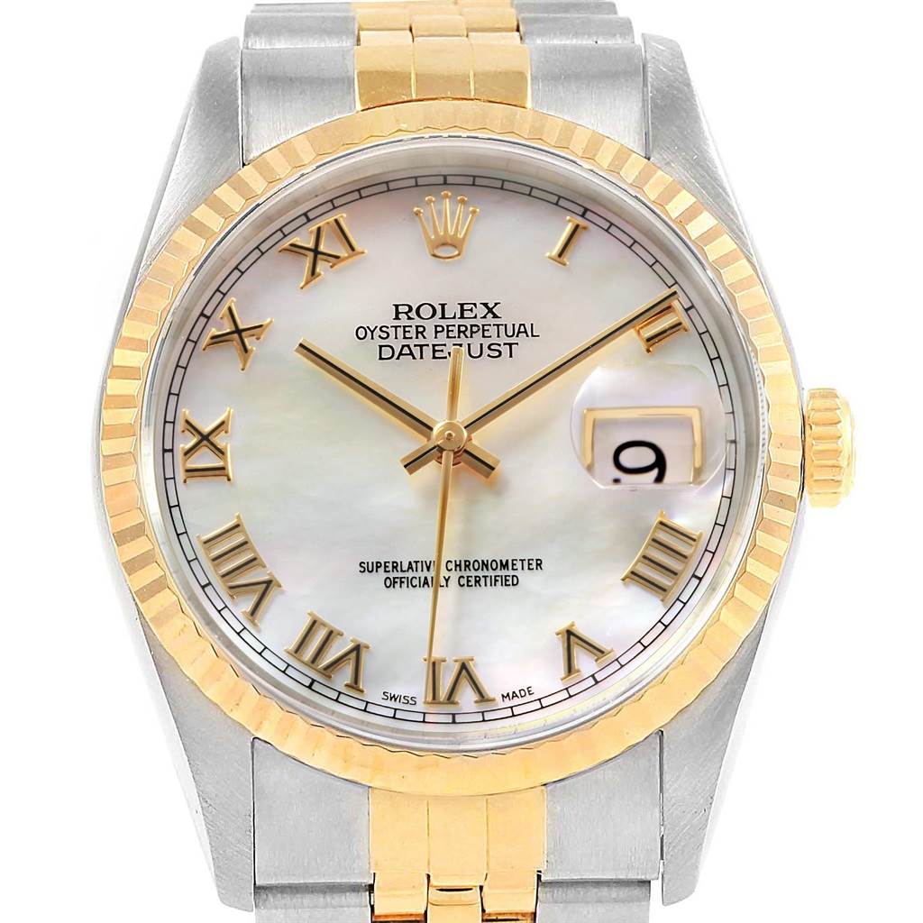 This image shows a frontal view of a Rolex Datejust 16233 Men's Steel and Gold (two tone) Mother of Pearl Dial 16233 Men's Steel and Gold (two tone) Mother of Pearl Dial watch with a gold and silver two-tone bracelet.
