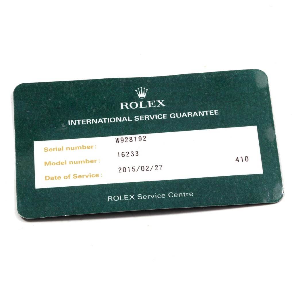 The image shows the international service guarantee card for a Rolex Datejust 16233 Men's Steel and Gold (two tone) Mother of Pearl Dial 16233 Men's Steel and Gold (two tone) Mother of Pearl Dial model 16233.