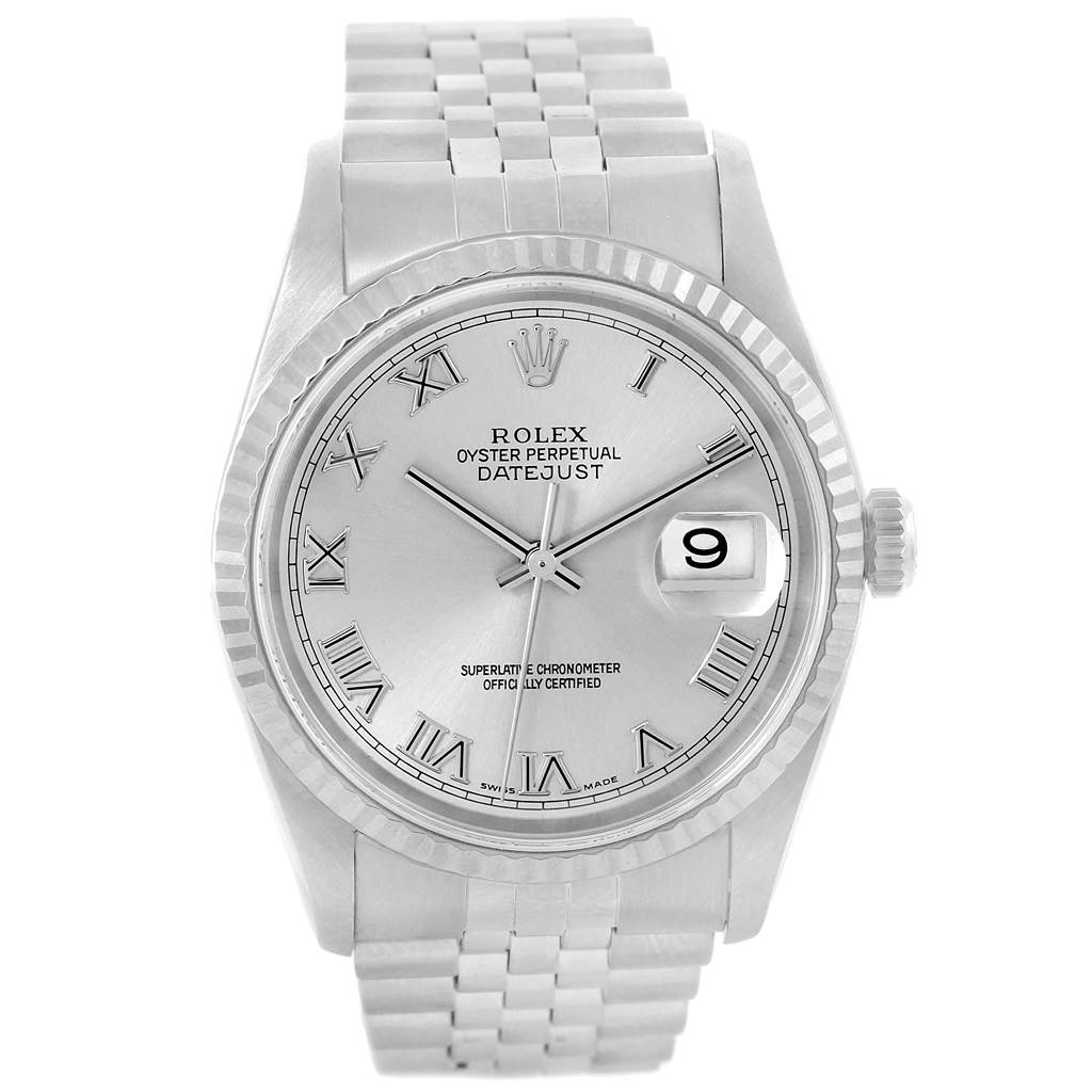 This image shows a Rolex Datejust 16234 Men's Stainless Steel Silver Dial 16234 Men's Stainless Steel Silver Dial watch from a frontal angle, highlighting the Roman numeral dial, fluted bezel, and date window.