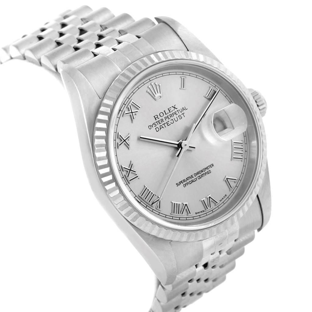 The image shows a close-up angle of a Rolex Datejust 16234 Men's Stainless Steel Silver Dial 16234 Men's Stainless Steel Silver Dial watch, highlighting its face, bezel, and part of the bracelet.