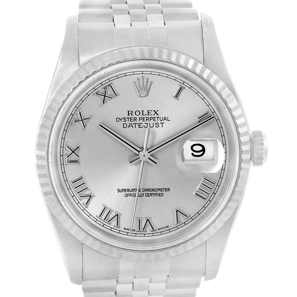 The image shows a front view of the Rolex Datejust 16234 Men's Stainless Steel Silver Dial 16234 Men's Stainless Steel Silver Dial watch, displaying its dial, bezel, hands, and bracelet.