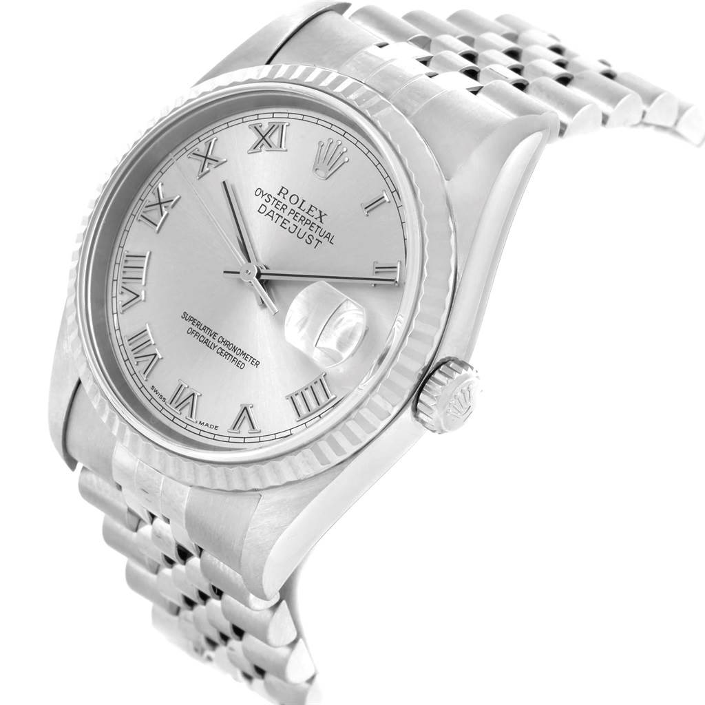 This Rolex Datejust 16234 Men's Stainless Steel Silver Dial 16234 Men's Stainless Steel Silver Dial watch is shown at a slight diagonal angle featuring the face, bezel, crown, and part of the bracelet.