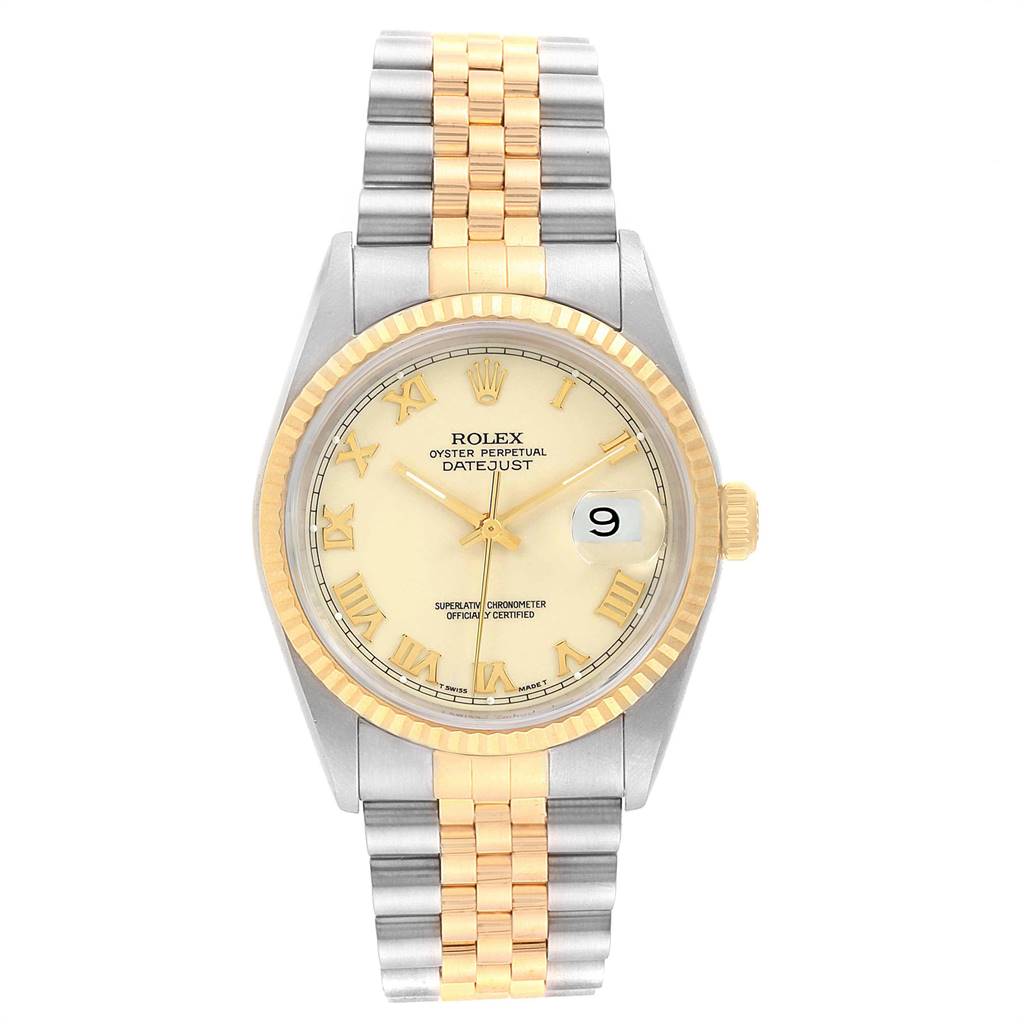 This image shows a frontal view of a Rolex Datejust 16233 Men's Steel and Gold (two tone) Beige Dial 16233 Men's Steel and Gold (two tone) Beige Dial watch, highlighting its dial, bezel, crown, and two-tone bracelet.