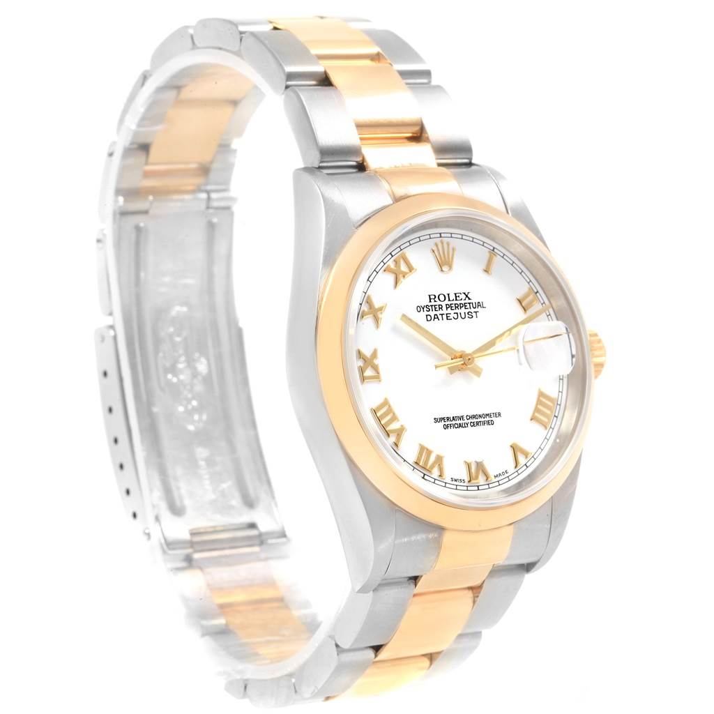 The photo shows a Rolex Datejust 16203 Men's Steel and Gold (two tone) White Dial 16203 Men's Steel and Gold (two tone) White Dial watch at a three-quarter angle, highlighting the dial, case, and bracelet.