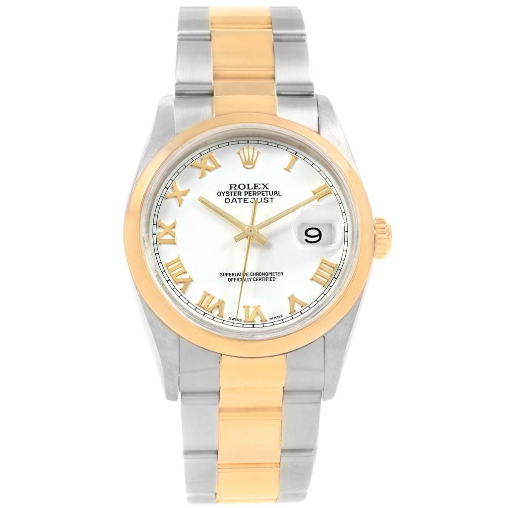 The Rolex Datejust 16203 Men's Steel and Gold (two tone) White Dial 16203 Men's Steel and Gold (two tone) White Dial watch is shown from a front view, highlighting its two-tone bracelet, bezel, white dial, and date window.
