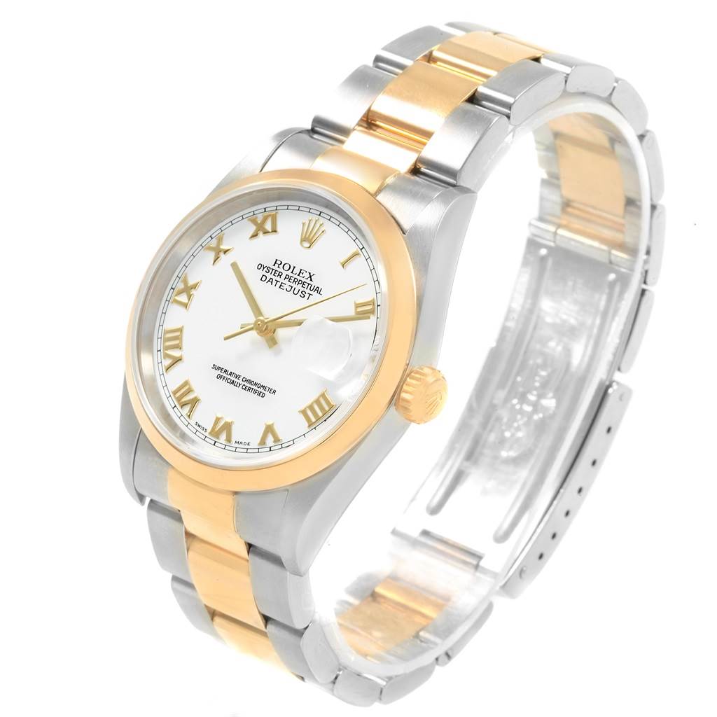The image shows a Rolex Datejust 16203 Men's Steel and Gold (two tone) White Dial 16203 Men's Steel and Gold (two tone) White Dial watch at a slight angle, highlighting its two-tone bracelet, case, and white dial with Roman numerals.
