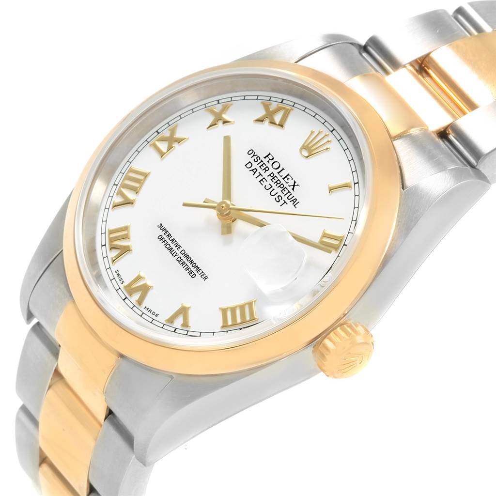 The image shows a close-up angle of a Rolex Datejust 16203 Men's Steel and Gold (two tone) White Dial 16203 Men's Steel and Gold (two tone) White Dial watch, highlighting the dial, case, bracelet, and crown.