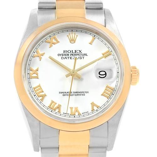Photo of Rolex Datejust 36 Steel Yellow Gold White Roman Dial Mens Watch 16203