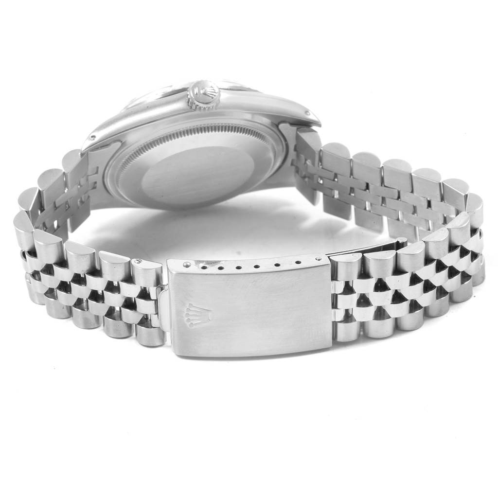 The image shows the back case and clasp of a Rolex Datejust 16030 Men's Stainless Steel Silver Dial 16030 Men's Stainless Steel Silver Dial watch, highlighting the jubilee bracelet and crown emblem.