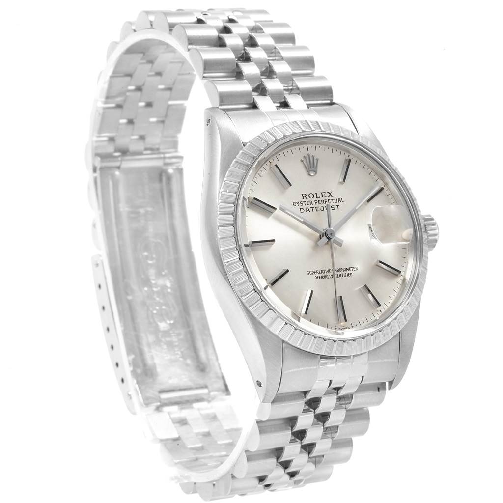 The Rolex Datejust 16030 Men's Stainless Steel Silver Dial 16030 Men's Stainless Steel Silver Dial watch is shown from a three-quarter angle, highlighting the face, bezel, and metal bracelet.