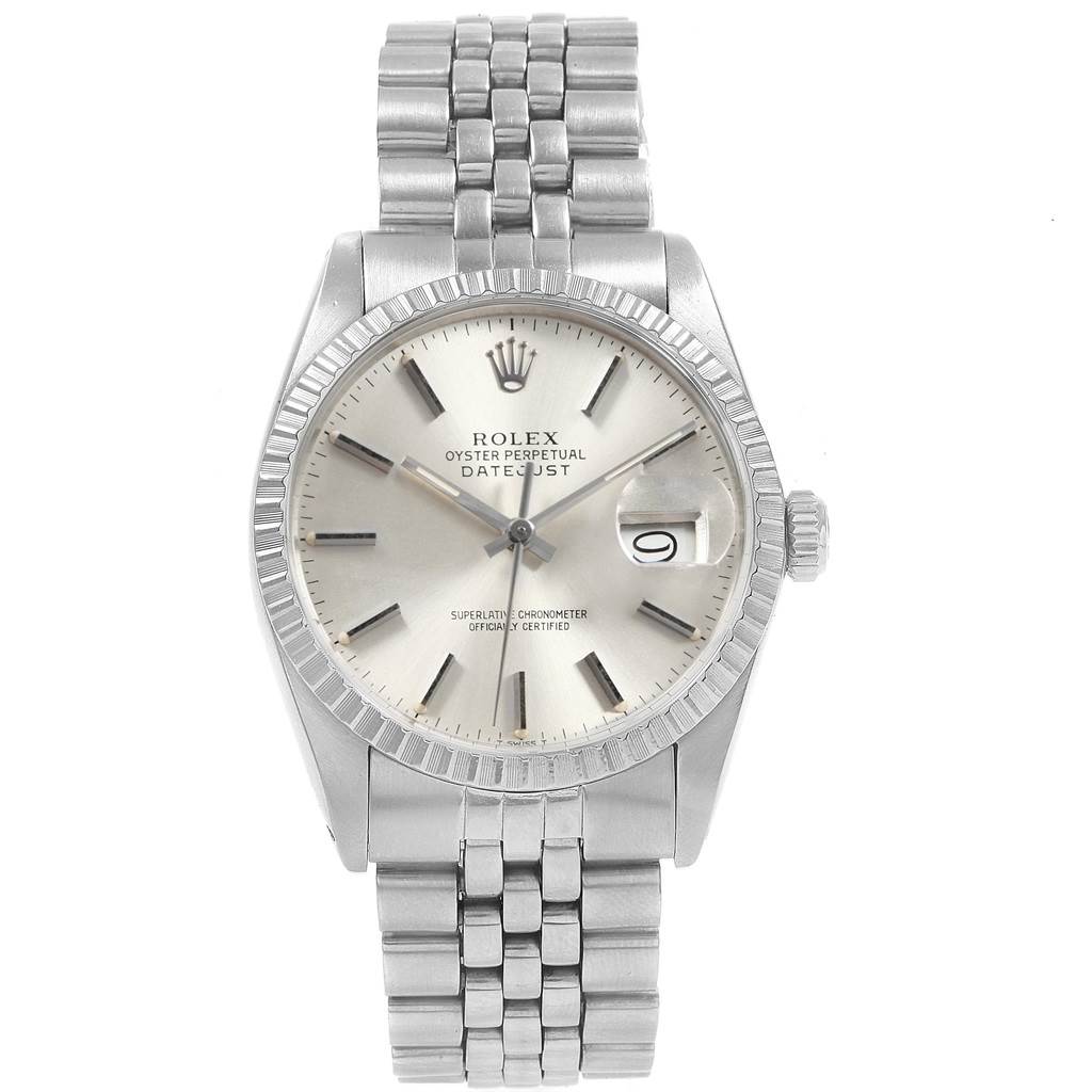 The image shows a Rolex Datejust 16030 Men's Stainless Steel Silver Dial 16030 Men's Stainless Steel Silver Dial watch from a front angle, highlighting the dial, bezel, and bracelet.