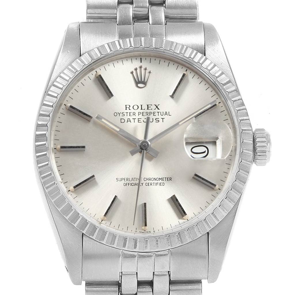 The Rolex Datejust 16030 Men's Stainless Steel Silver Dial 16030 Men's Stainless Steel Silver Dial watch is shown from a front angle, displaying the face, bezel, crown, and upper part of the bracelet.