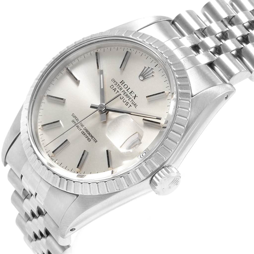 This image shows a close-up of the Rolex Datejust 16030 Men's Stainless Steel Silver Dial 16030 Men's Stainless Steel Silver Dial watch from a slightly tilted angle, highlighting the dial, crown, and bracelet.