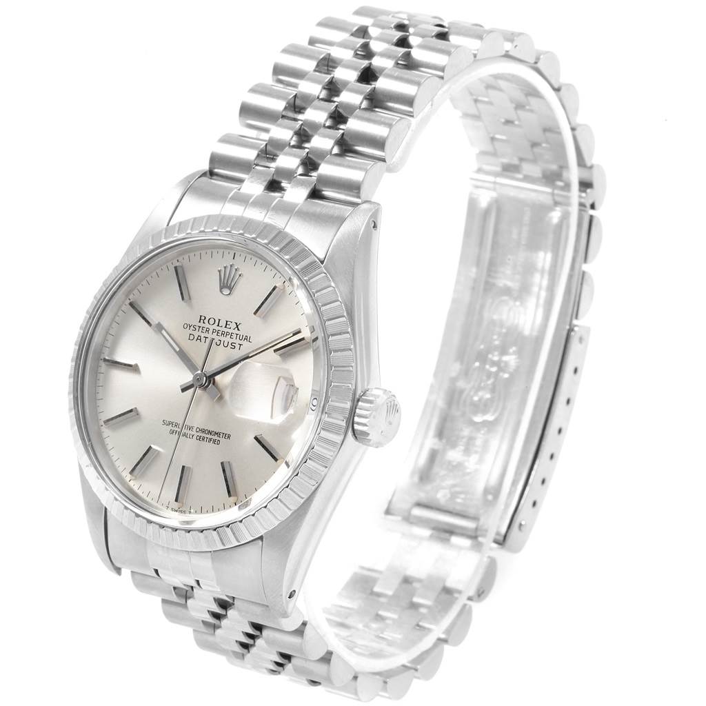 The Rolex Datejust 16030 Men's Stainless Steel Silver Dial 16030 Men's Stainless Steel Silver Dial model is shown at a three-quarter angle, highlighting the face, bezel, crown, and part of the bracelet.
