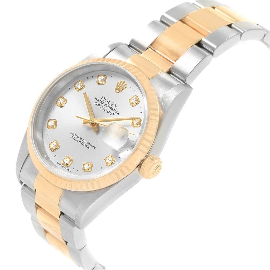 The image shows a Rolex Datejust 16233 Men's Steel and Gold (two tone) White Dial 16233 Men's Steel and Gold (two tone) White Dial watch angled slightly from the front, highlighting the dial, bezel, crown, and two-tone bracelet.