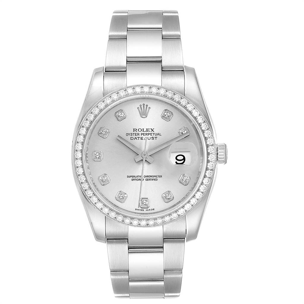 The image shows a front view of the Rolex Datejust 116244 Men
s Stainless Steel Silver Dial 116244 Men
s Stainless Steel Silver Dial watch featuring its dial, bracelet, bezel, and crown.