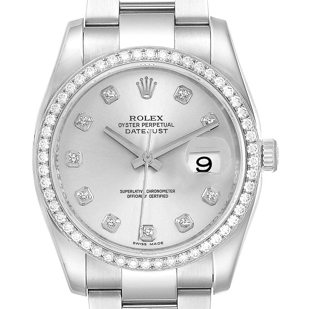 Rolex Datejust 36 Silver Diamond Dial Bezel Unisex Watch 116244 Box ...