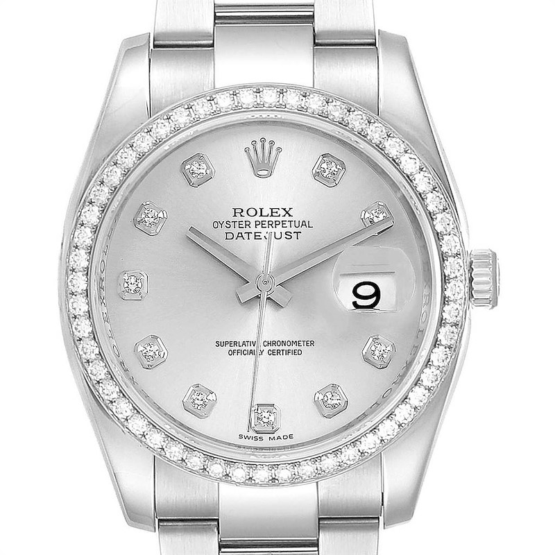 Rolex Datejust 36 Silver Diamond Dial Bezel Unisex Watch 116244 Box Card SwissWatchExpo