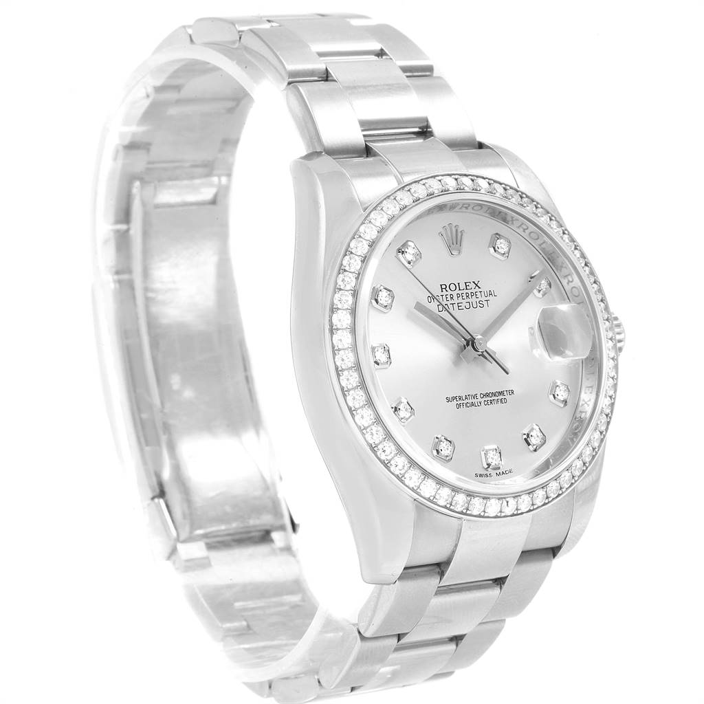The Rolex Datejust 116244 Men
s Stainless Steel Silver Dial 116244 Men
s Stainless Steel Silver Dial watch is shown in a side-angled view, displaying the band, bezel, dial, and partially the bracelet.