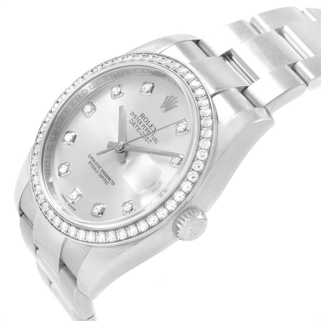 The image shows a Rolex Datejust 116244 Men
s Stainless Steel Silver Dial 116244 Men
s Stainless Steel Silver Dial watch from an angled view, highlighting the bracelet, bezel with diamonds, dial, and crown.