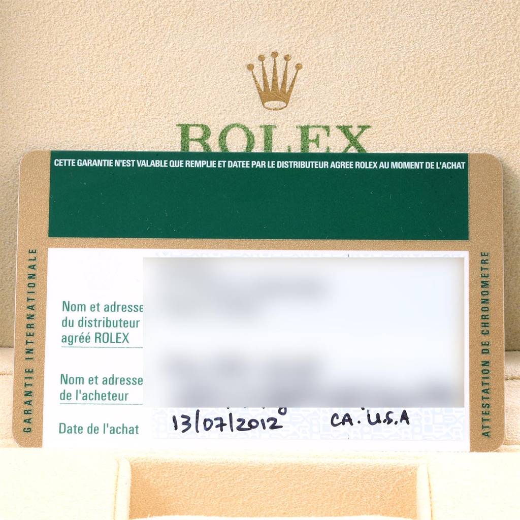 The image shows a warranty card for a Rolex Datejust 116244 Men
s Stainless Steel Silver Dial 116244 Men
s Stainless Steel Silver Dial watch, detailing purchase information.