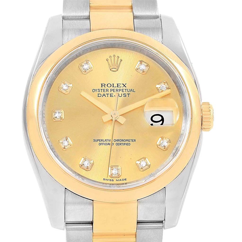 The image shows a front view of a Rolex Datejust 116203 Men's Stainless Steel Champagne Dial 116203 Men's Stainless Steel Champagne Dial watch, featuring a gold dial, diamond hour markers, and a two-tone metal bracelet.