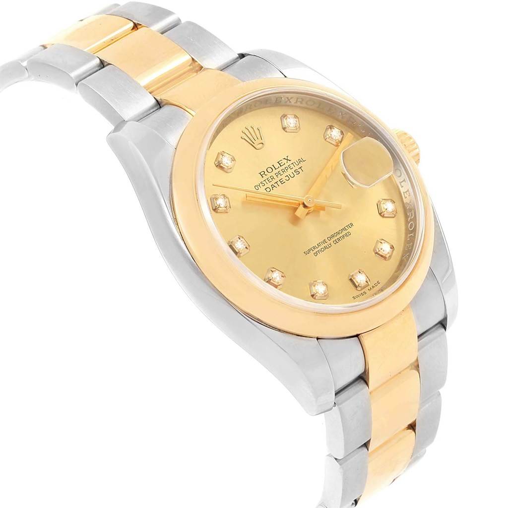 This image shows a close-up, angled view of a Rolex Datejust 116203 Men's Stainless Steel Champagne Dial 116203 Men's Stainless Steel Champagne Dial watch, highlighting its dial, bezel, and part of the bracelet.