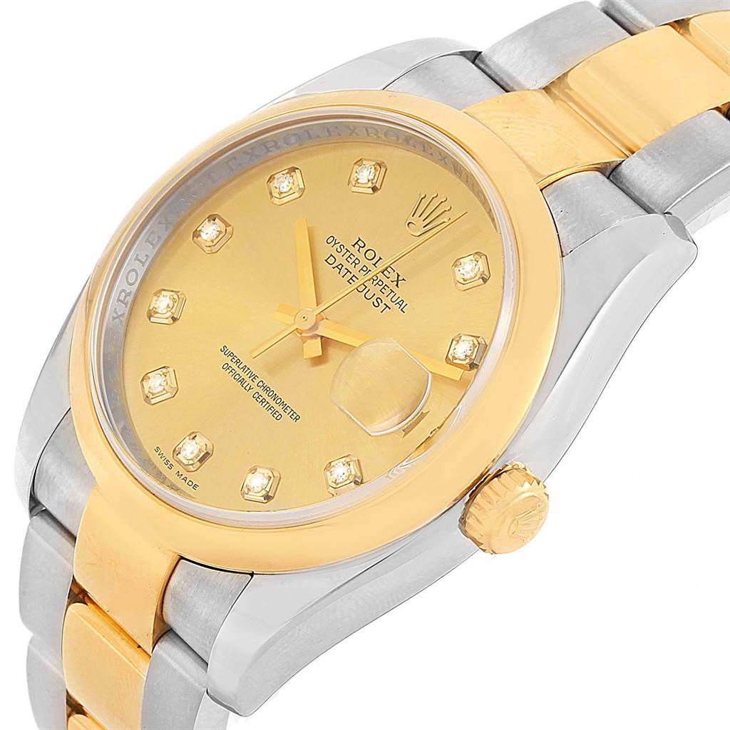 This image shows a close-up of the Rolex Datejust 116203 Men's Stainless Steel Champagne Dial 116203 Men's Stainless Steel Champagne Dial watch face, bezel, crown, and part of the bracelet at an angle.