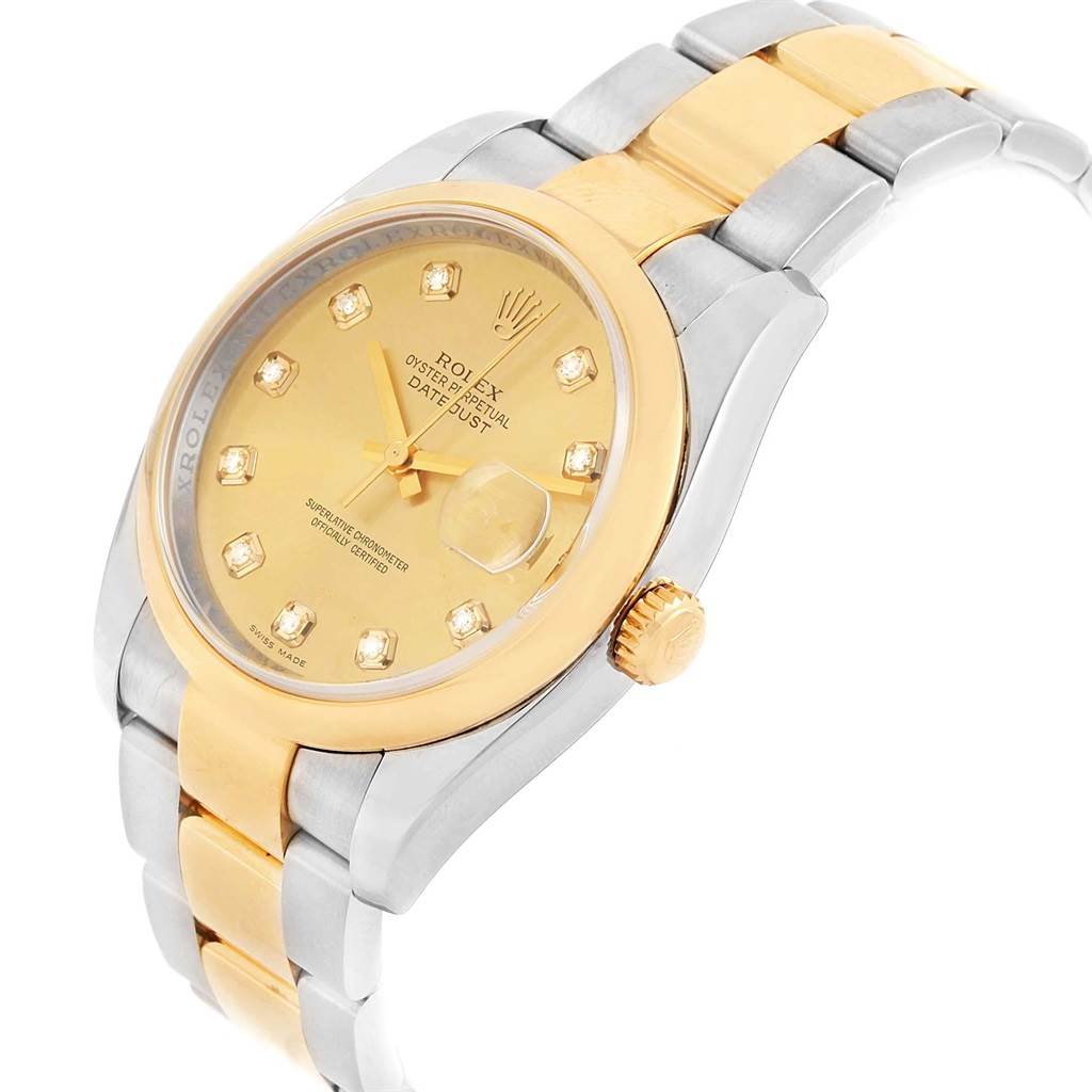 This image shows the Rolex Datejust 116203 Men's Stainless Steel Champagne Dial 116203 Men's Stainless Steel Champagne Dial watch from a three-quarter view, displaying the dial, bracelet, and crown.