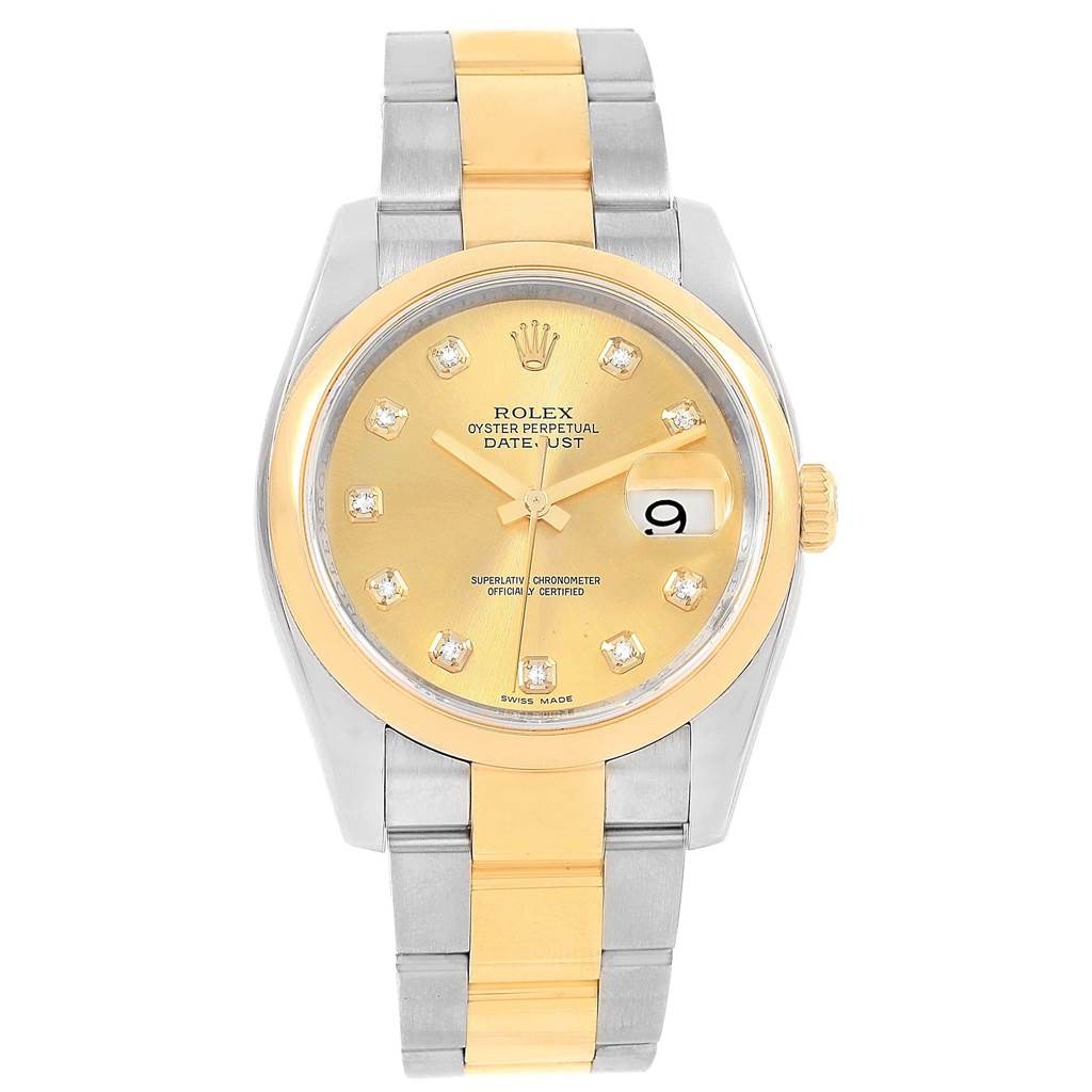 The Rolex Datejust 116203 Men's Stainless Steel Champagne Dial 116203 Men's Stainless Steel Champagne Dial watch is shown from a front angle, displaying its gold and silver band, gold face, and date feature.