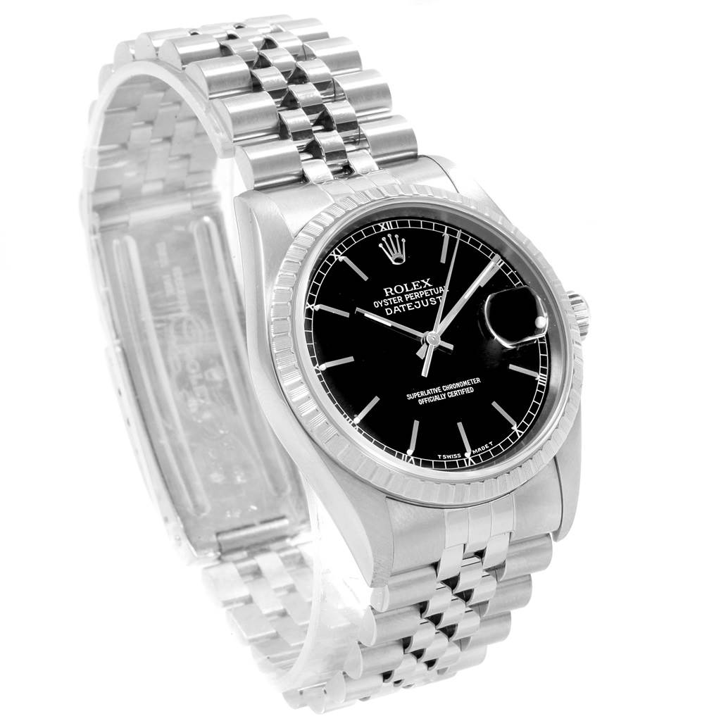 The Rolex Datejust 16220 Men
s Stainless Steel Black Dial 16220 Men
s Stainless Steel Black Dial watch is shown from an angled front view, highlighting its black dial and Jubilee bracelet.
