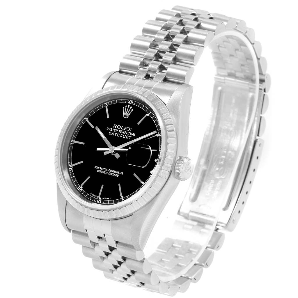 The Rolex Datejust 16220 Men
s Stainless Steel Black Dial 16220 Men
s Stainless Steel Black Dial watch is shown at an angle revealing parts of the bracelet, case, crown, and a black dial.