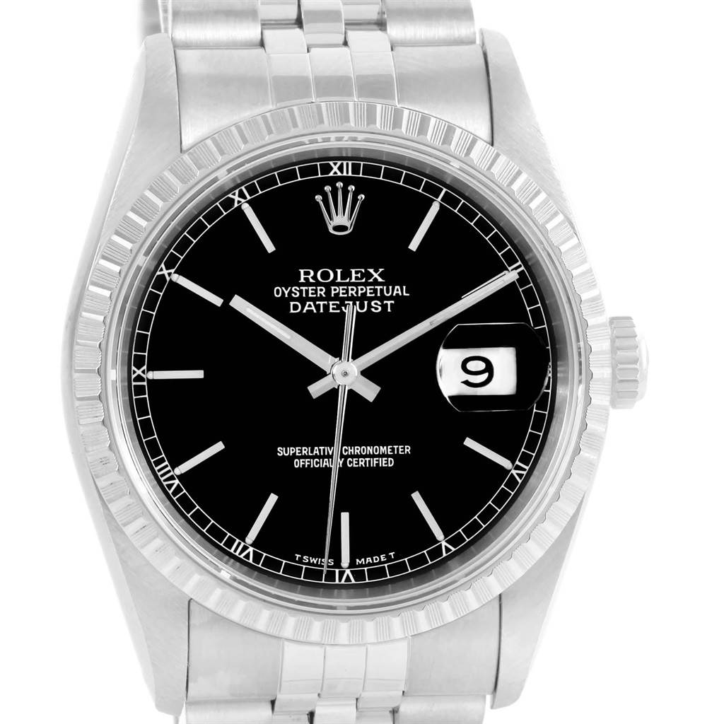 This image shows a frontal view of a Rolex Datejust 16220 Men
s Stainless Steel Black Dial 16220 Men
s Stainless Steel Black Dial watch, highlighting its black dial, bezel, and bracelet.