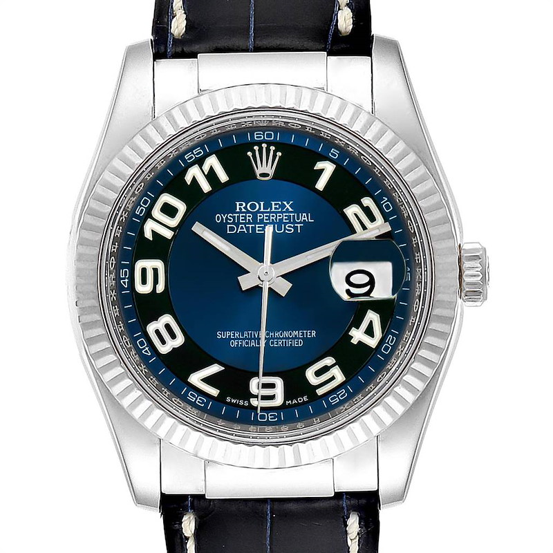 Rolex Datejust 36 White Gold Blue Dial Black Strap Mens Watch 116139 SwissWatchExpo