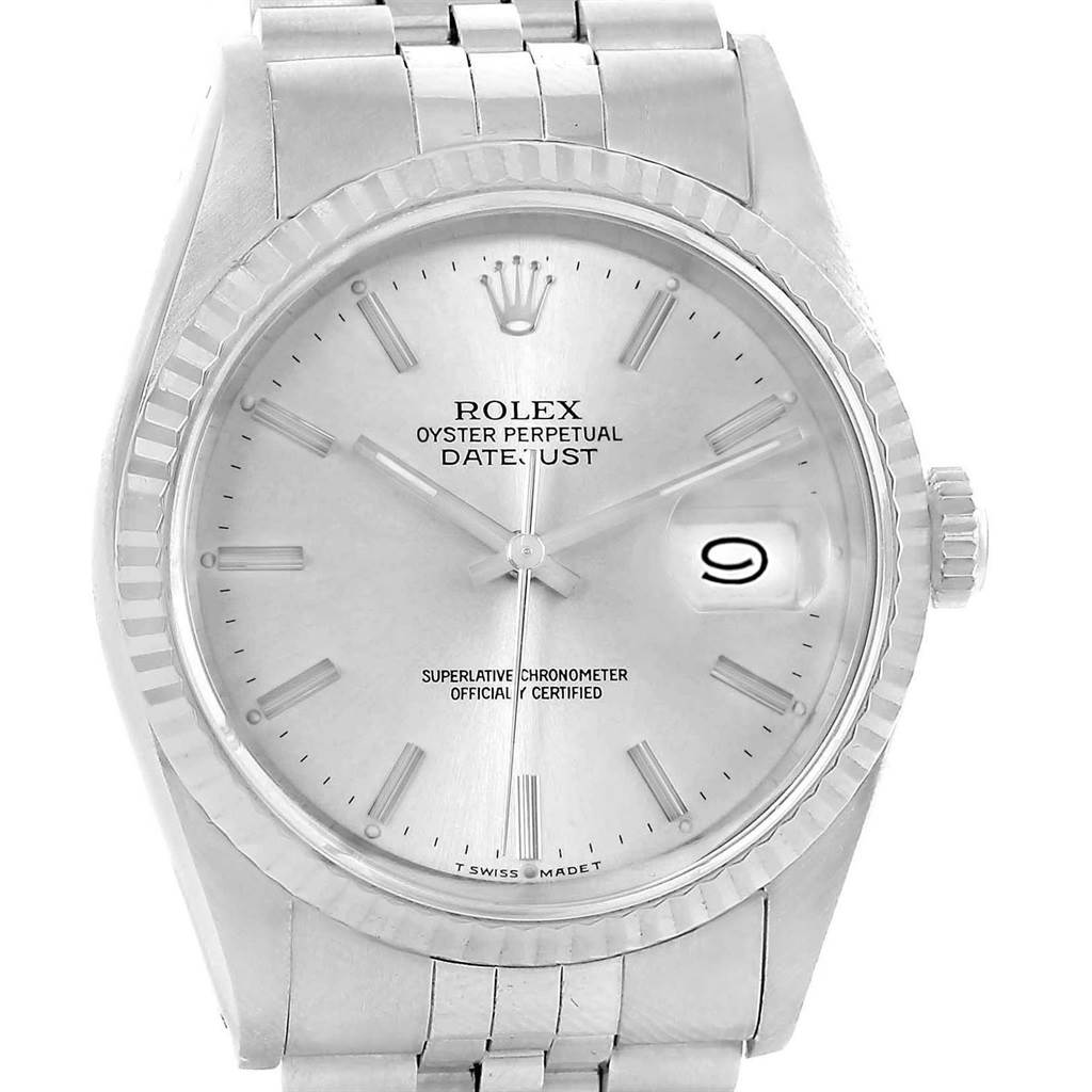 The image shows a frontal view of a Rolex Datejust 16234 Men's Stainless Steel Silver Dial 16234 Men's Stainless Steel Silver Dial watch, highlighting its dial, fluted bezel, and bracelet.