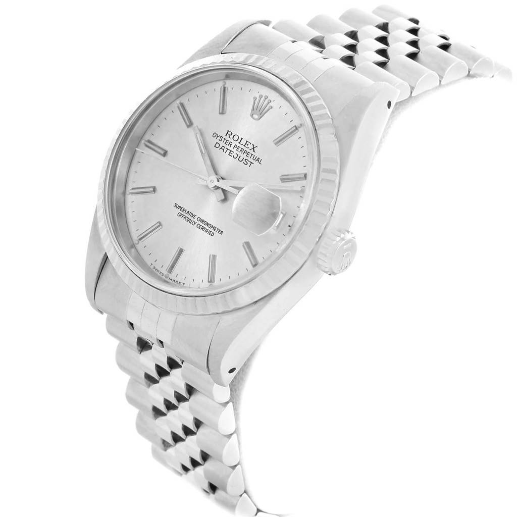 The Rolex Datejust 16234 Men's Stainless Steel Silver Dial 16234 Men's Stainless Steel Silver Dial watch is displayed at an angle showcasing the dial, bezel, crown, and bracelet.