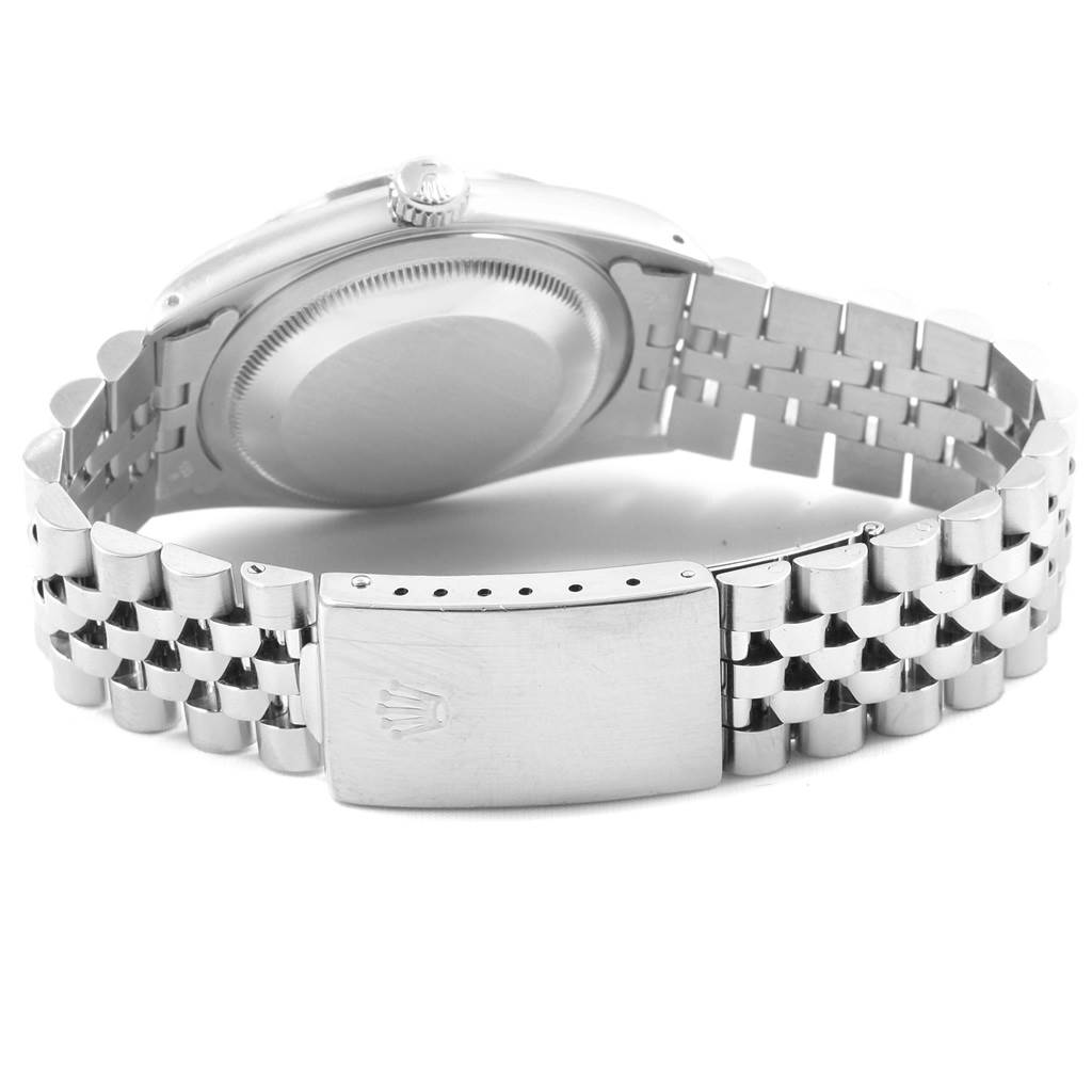 This image shows the back of a Rolex Datejust 16234 Men's Stainless Steel Silver Dial 16234 Men's Stainless Steel Silver Dial watch, displaying the case back and the bracelet clasp.