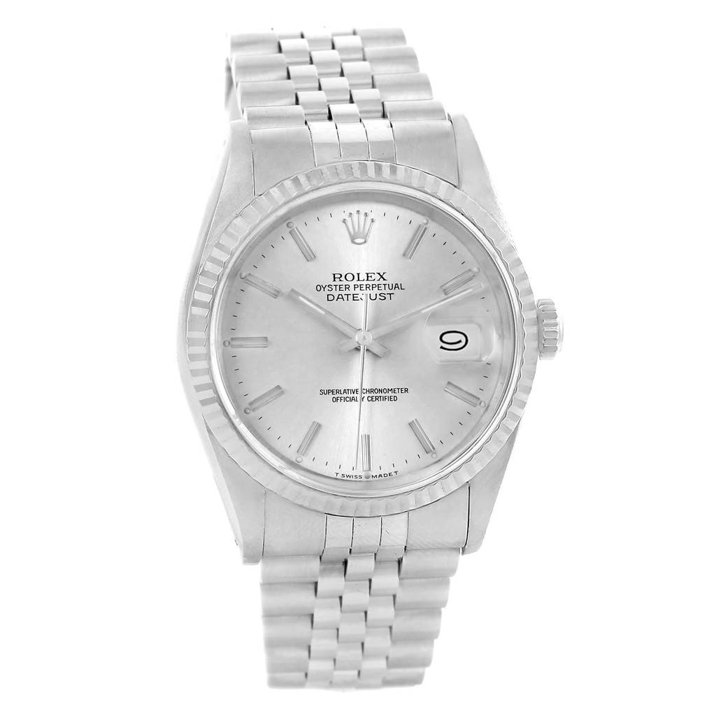 This image features a frontal view of the Rolex Datejust 16234 Men's Stainless Steel Silver Dial 16234 Men's Stainless Steel Silver Dial watch, showing its dial, hands, date window, and bracelet.