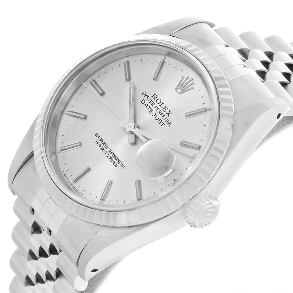 This image shows a Rolex Datejust 16234 Men's Stainless Steel Silver Dial 16234 Men's Stainless Steel Silver Dial watch angled slightly from the front, highlighting its dial, bezel, crown, and bracelet.