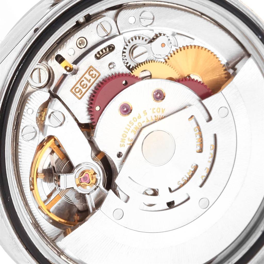 This image shows the intricate mechanical movement inside a Rolex Datejust 16234 Men's Stainless Steel Silver Dial 16234 Men's Stainless Steel Silver Dial watch, viewed from the back.