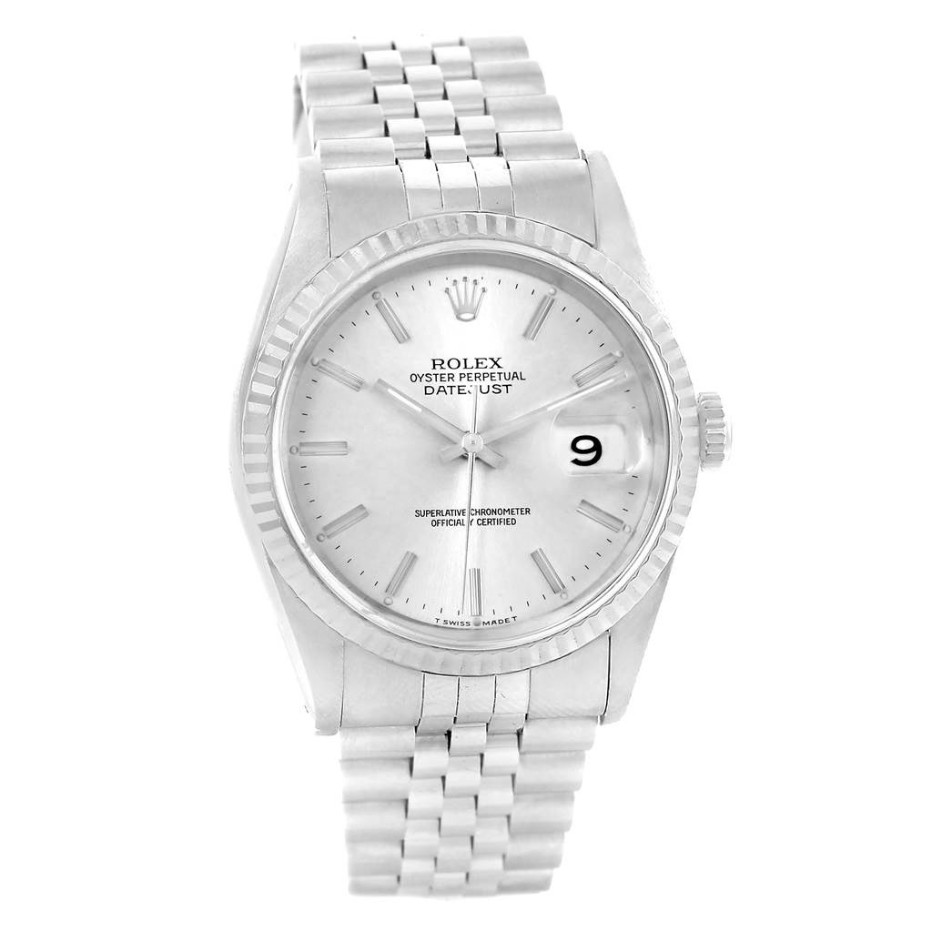 The image shows a front view of the Rolex Datejust 16234 Men's Stainless Steel Silver Dial 16234 Men's Stainless Steel Silver Dial watch, highlighting its dial, bezel, bracelet, and crown.