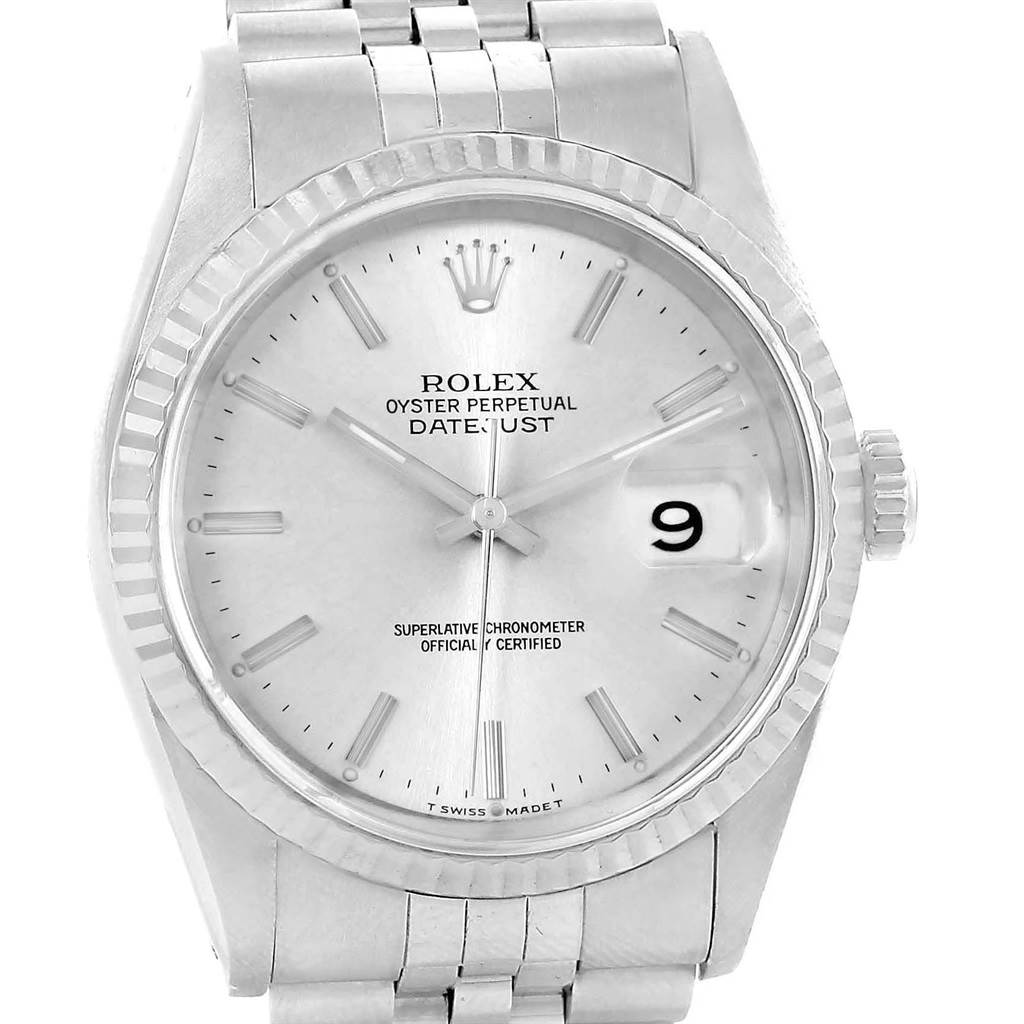 This image shows a frontal view of a Rolex Datejust 16234 Men's Stainless Steel Silver Dial 16234 Men's Stainless Steel Silver Dial watch, highlighting the dial, bezel, bracelet, and date window.
