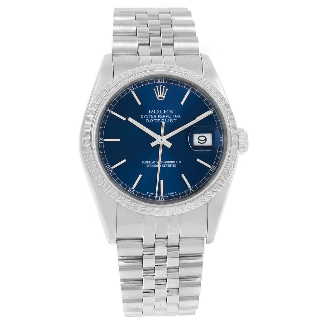 The image shows a frontal view of a Rolex Datejust 16220 Men
s Stainless Steel Blue Dial 16220 Men
s Stainless Steel Blue Dial watch, displaying its blue dial, date window, and stainless steel bracelet.