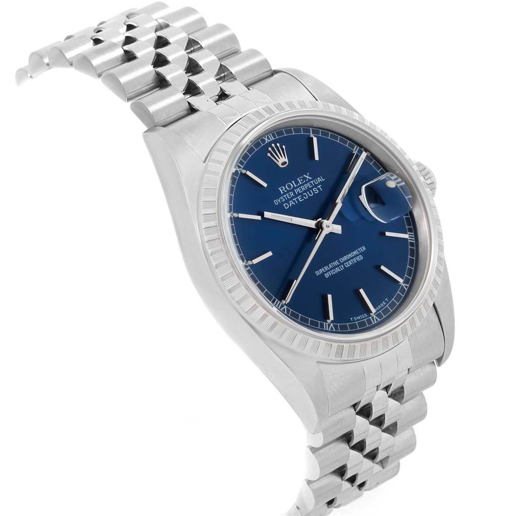 This image shows a Rolex Datejust 16220 Men
s Stainless Steel Blue Dial 16220 Men
s Stainless Steel Blue Dial watch at a three-quarter angle, highlighting the blue dial, bezel, and bracelet.
