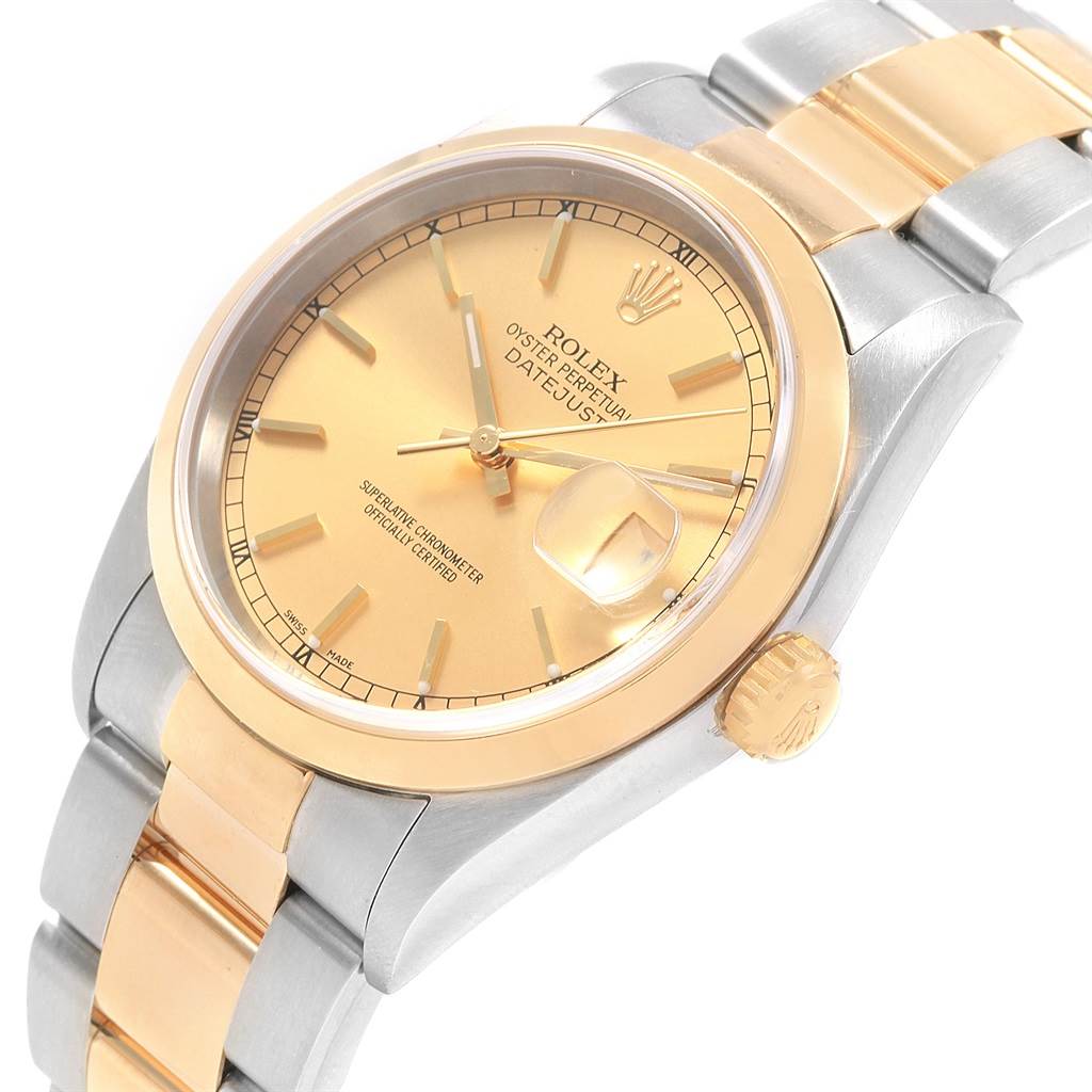 The image shows a Rolex Datejust 20413 Men's Steel and Gold (two tone) Champagne Dial 20413 Men's Steel and Gold (two tone) Champagne Dial watch at a slight angle, highlighting the gold dial, bezel, crown, and two-tone bracelet.