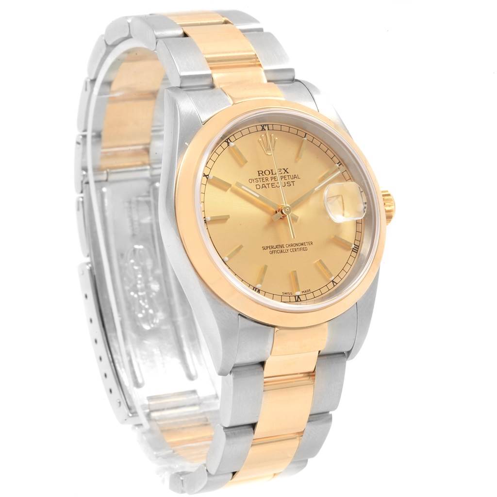 The Rolex Datejust 20413 Men's Steel and Gold (two tone) Champagne Dial 20413 Men's Steel and Gold (two tone) Champagne Dial watch is shown at a three-quarter angle, displaying its face, bezel, and bracelet prominently.